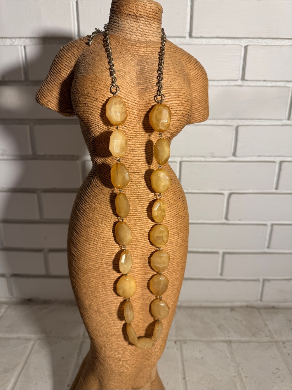 Yellow Marbled Resin Chunky Bead Long Chain Statement Necklace